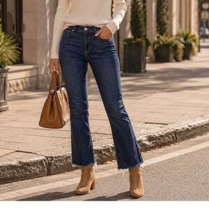 TRAVE Womens High Rise Straight Leg Jeans Dark Wash Raw Hem Blue Denim